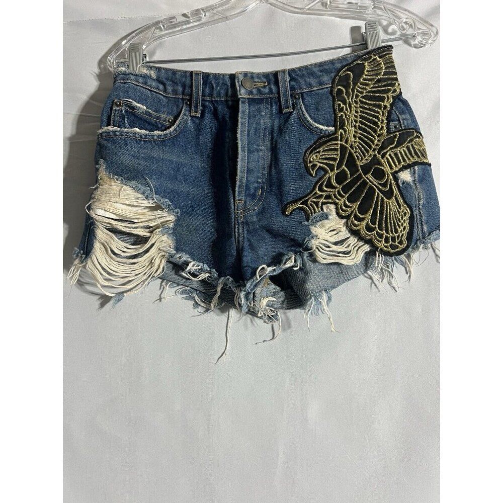 Carmar Shorts Woman's 26 Distressed Blue Denim Boho Med Wash High Waist U3